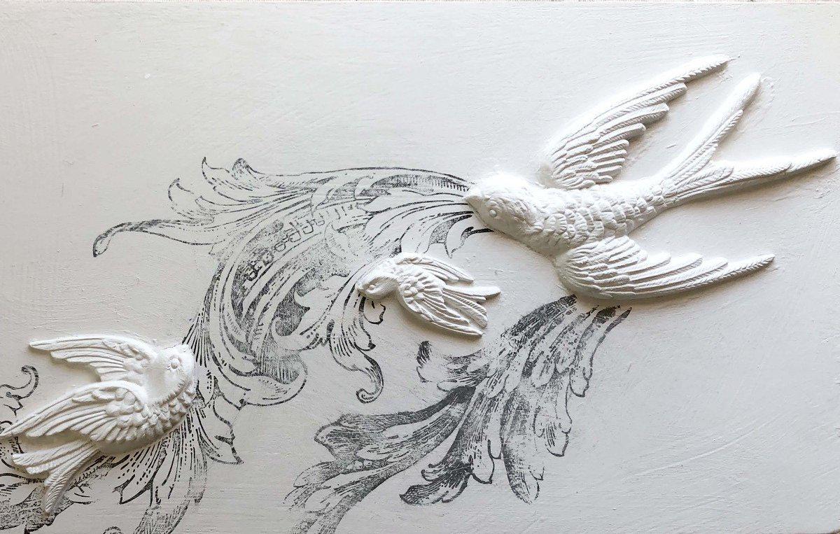 White Birdsong Mould relief sculpture of three birds by I.O.D. Iron Orchid Designs.