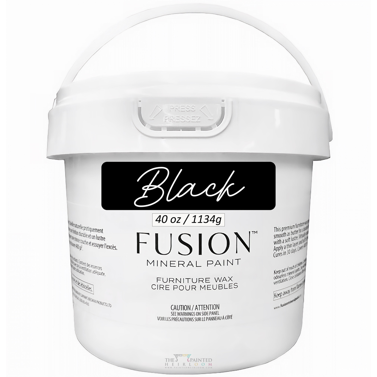 40oz Fusion Mineral Paint Black Furniture Wax tub with handle, labeled for furniture care and caution.