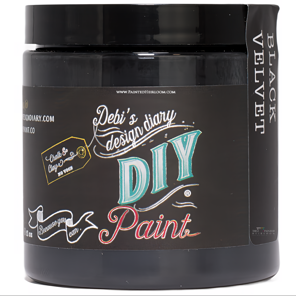 Black Velvet DIY Paint by DIY Paint Co. in a black jar; eco-friendly clay and chalk paint.