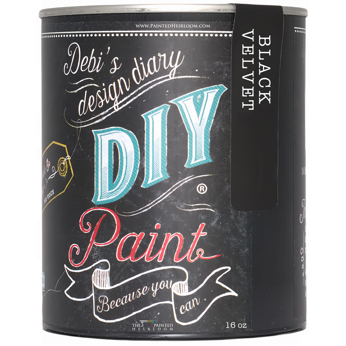 16 oz Black Velvet DIY Paint can by DIY Paint Co.; clay and chalk formula with chalkboard label, for furniture use.