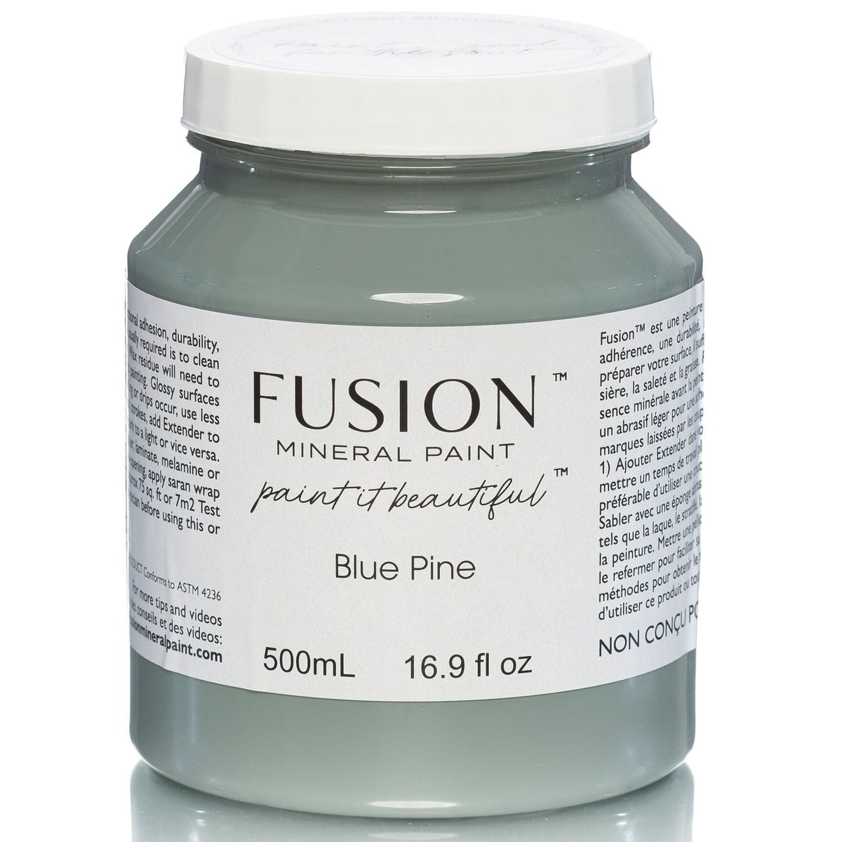 500ml Fusion Mineral Paint in Blue Pine with white label, matte finish.