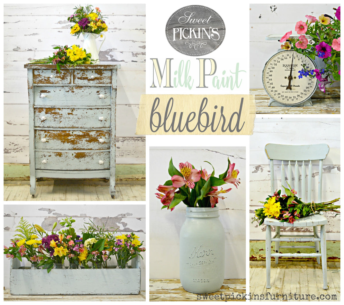 Rustic furniture and wildflowers collage featuring Old Fashioned Milk Paint Bluebird by Sweet Pickins Milk Paint.
