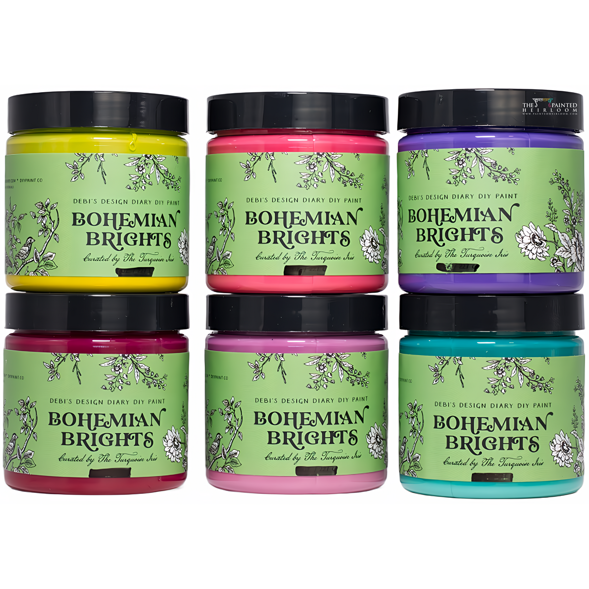 Six Bohemian Brights by DIY Paint Co. jars arranged in two rows on a white surface.