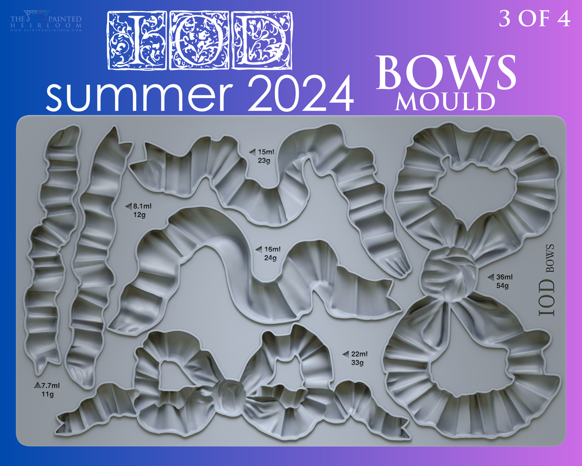 The Bows Mould by I.O.D., a silicone tray featuring labeled bow shapes with size and volume indicators.