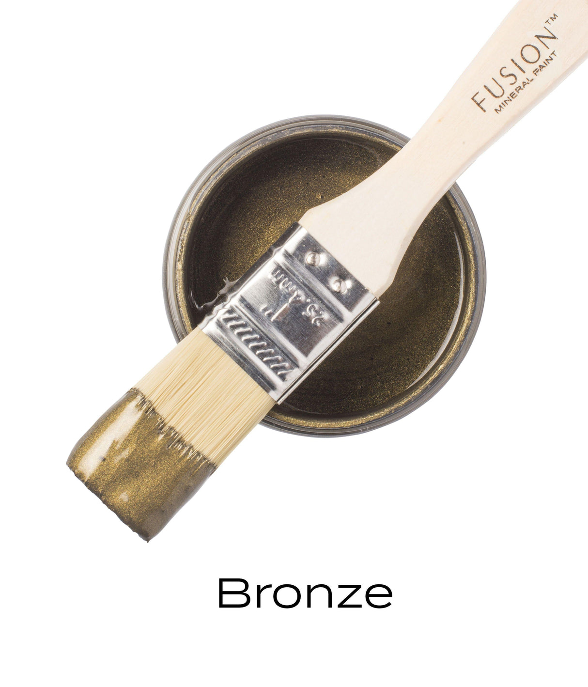 Brush resting on open can of Bronze Metallic Fusion Mineral Paint; “Bronze” text displayed below.