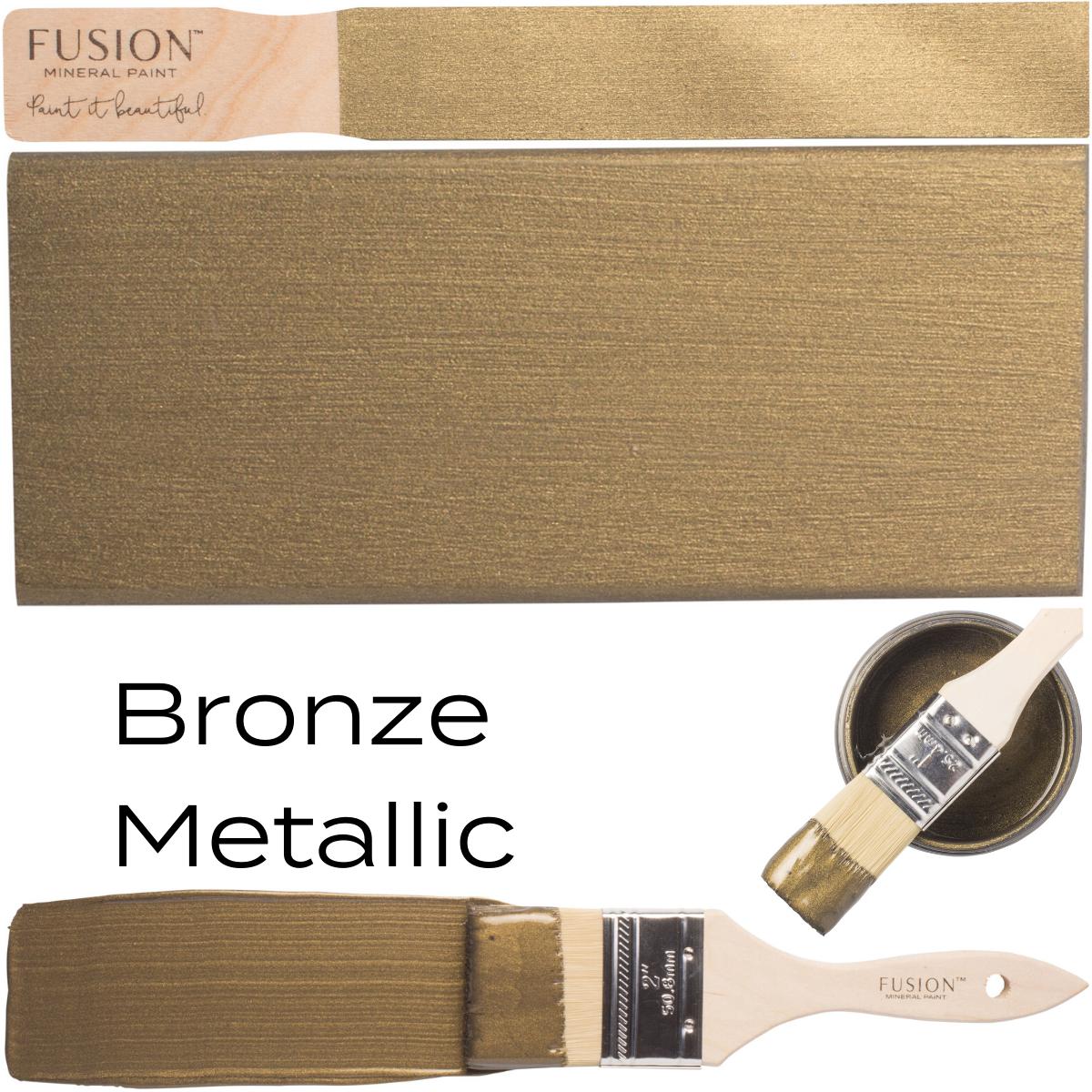 Bronze Metallic Fusion Mineral Paint by Fusion with paintbrush, color swatch, and open labeled can visible.