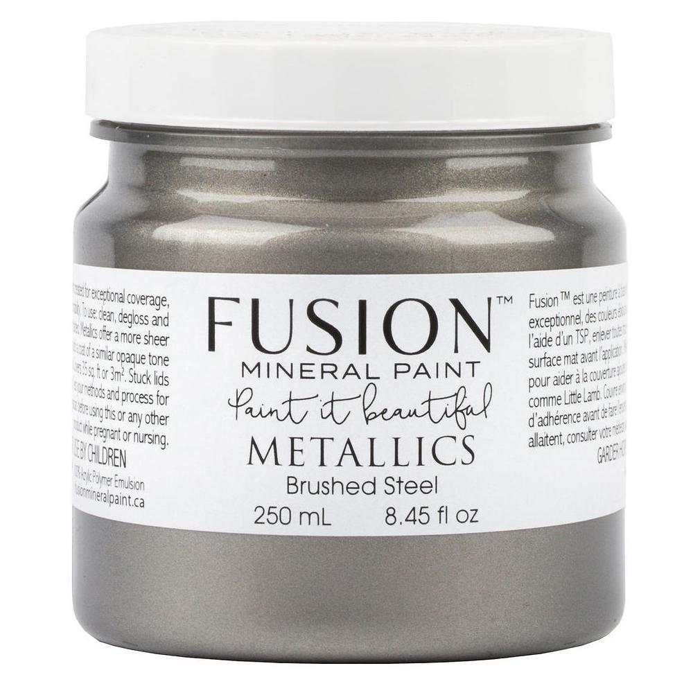 Fusion Mineral Paint Brushed Steel Metallic, 250 mL jar.