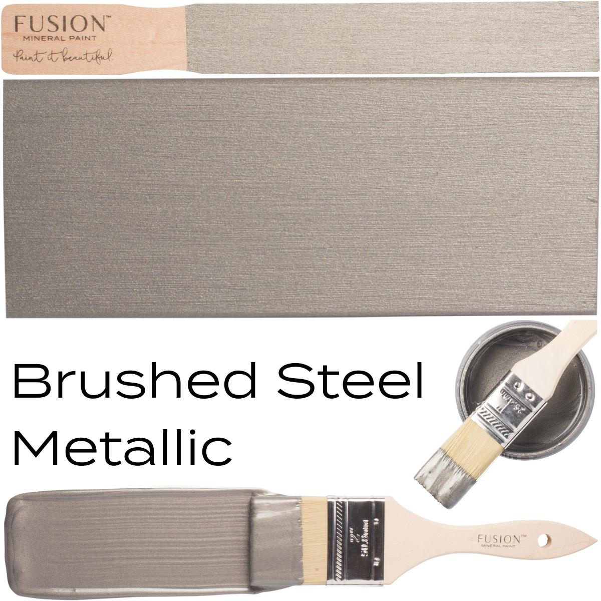 Fusion Mineral Paint Brushed Steel Metallic with paintbrush, metallic gray swatch, and open can.