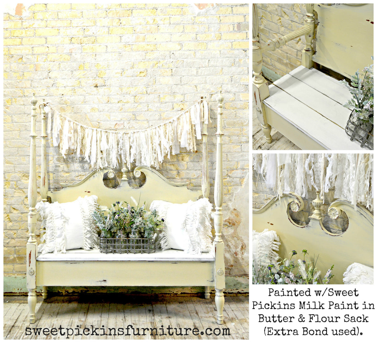 Bench painted in Old Fashioned Milk Paint Butter – Sweet Pickins, with white pillows against a worn yellow brick wall.
