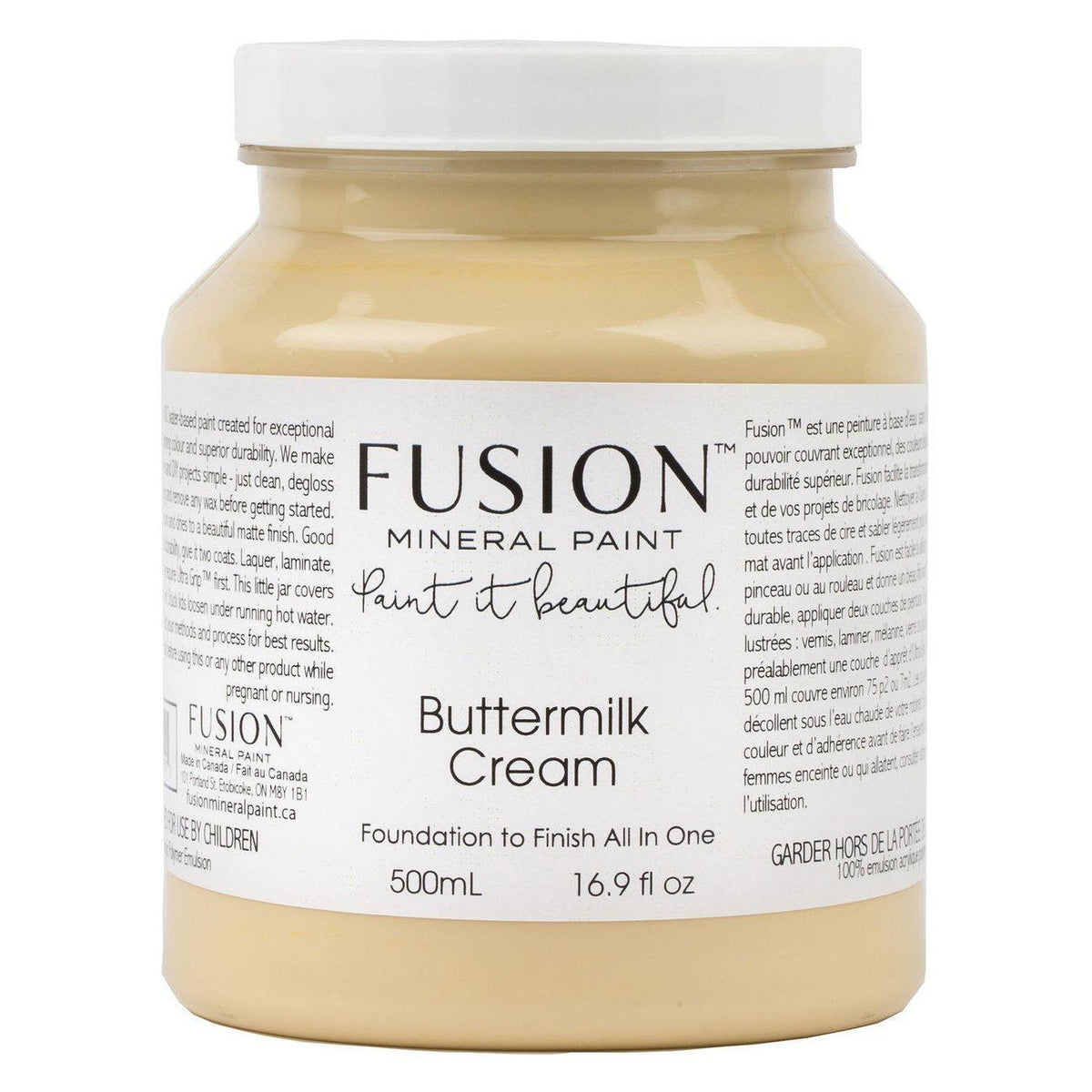 500mL Buttermilk Cream Fusion Mineral Paint (Seasonal) jar with branded label and instructions visible.