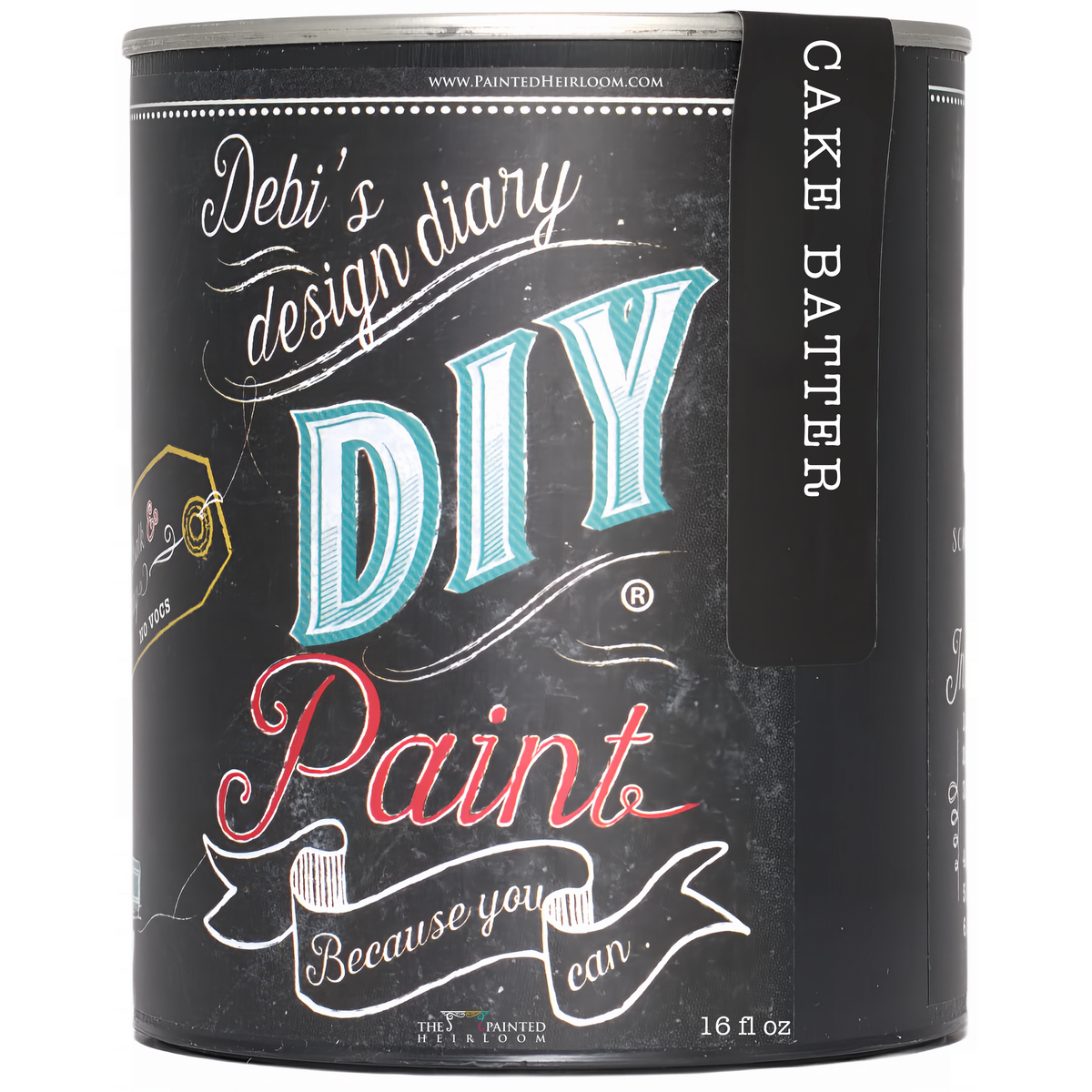 16 fl oz can of DIY Paint Co. Cake Batter DIY Paint with decorative chalk-style lettering on the label.