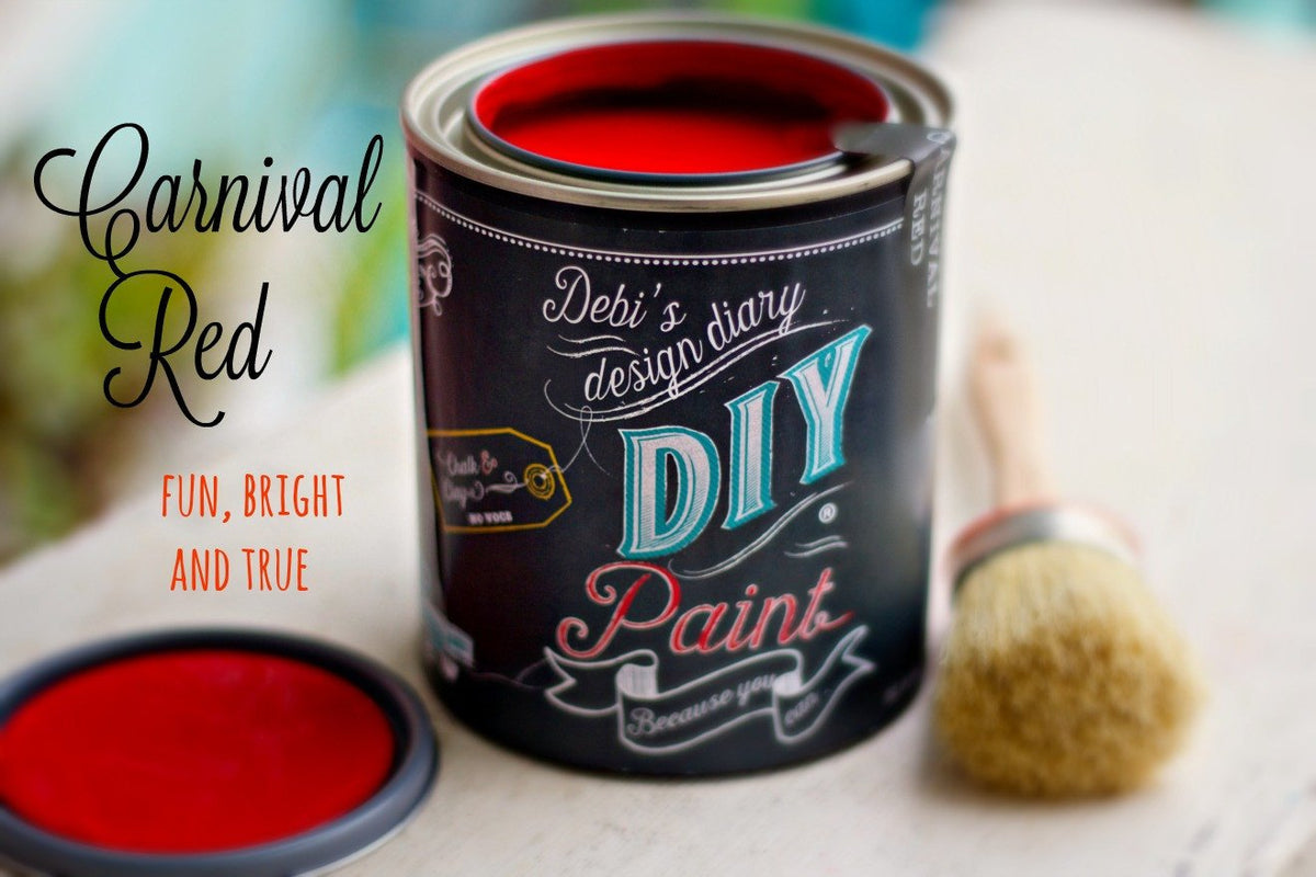 Carnival Red DIY Paint by DIY Paint Co. with brush, suitable for furniture projects.