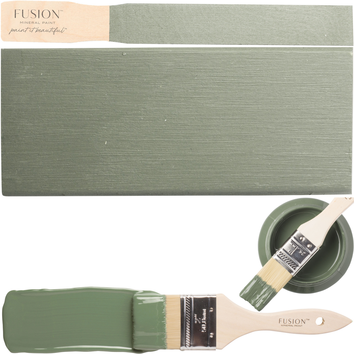 Carriage House Fusion Mineral Paint brush on lid, with green paint swatches above and below.