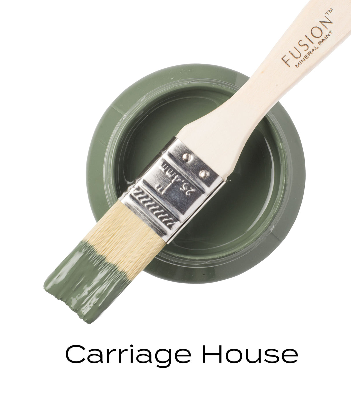 Paintbrush on open jar of Fusion Mineral Paint, Carriage House shade.
