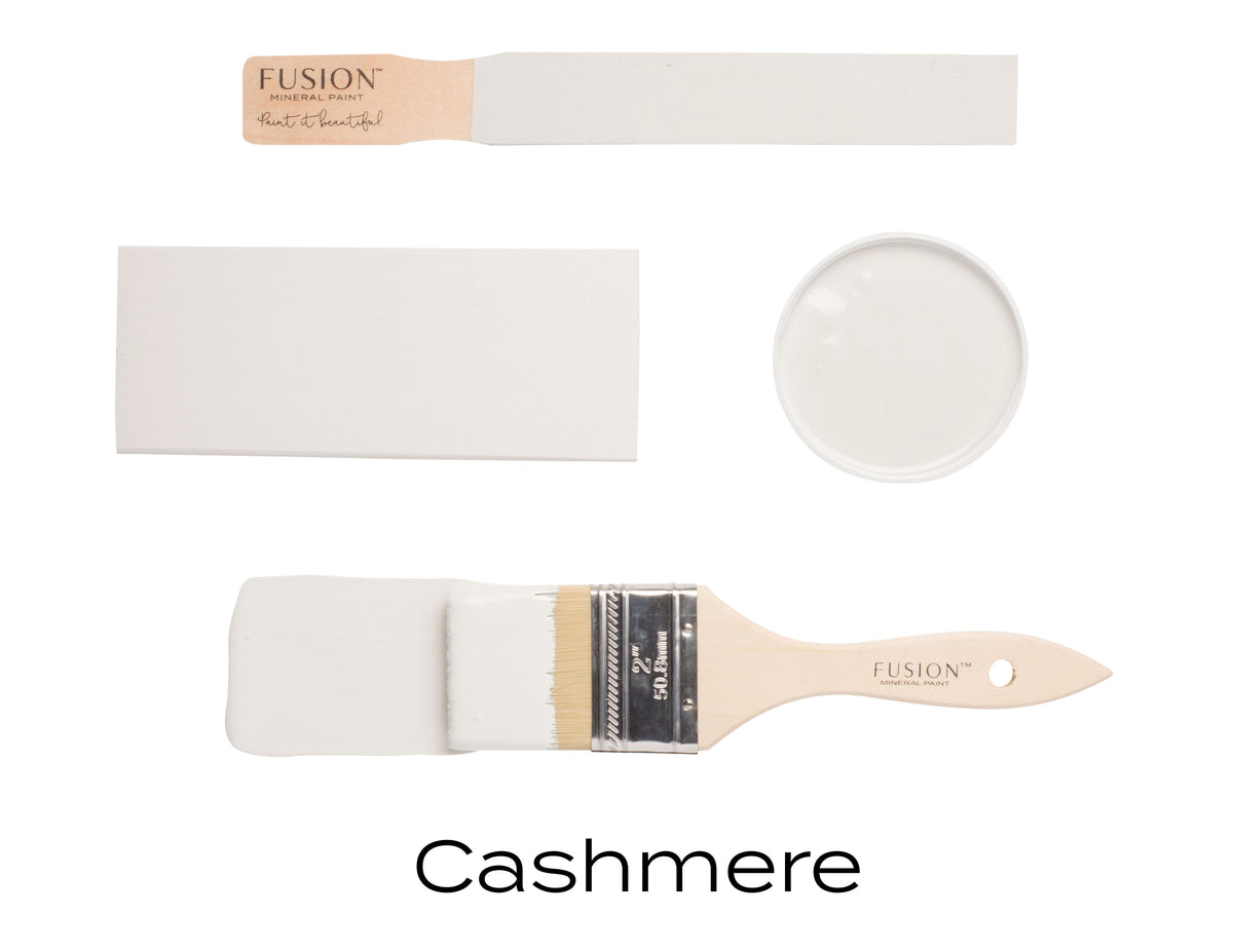 Cashmere Fusion Mineral Paint matte swatch, brush, and sample on white background.