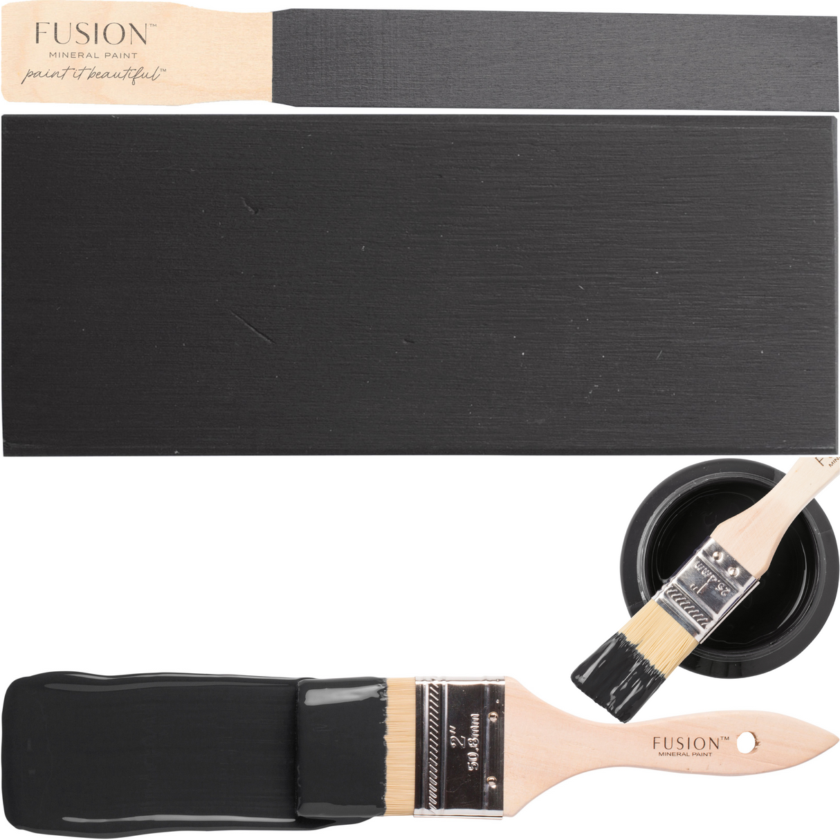 Three paint swatches, a brush, and Fusion Mineral Paint Cast Iron beside an open off-black furniture paint can.