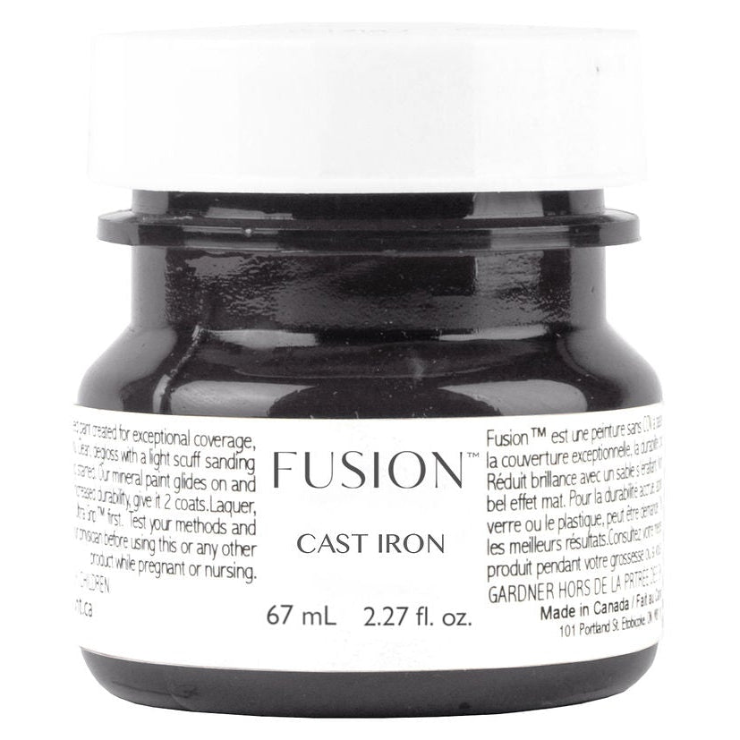 67 mL Fusion Mineral Paint, Cast Iron (off-black), in a jar with white label and black lid.