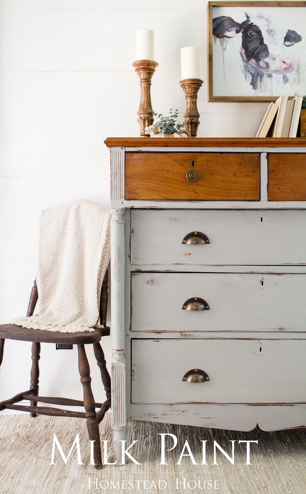 Vintage dresser with candles and books; text reads: Cathedral Taupe Milk Paint by Homestead House.
