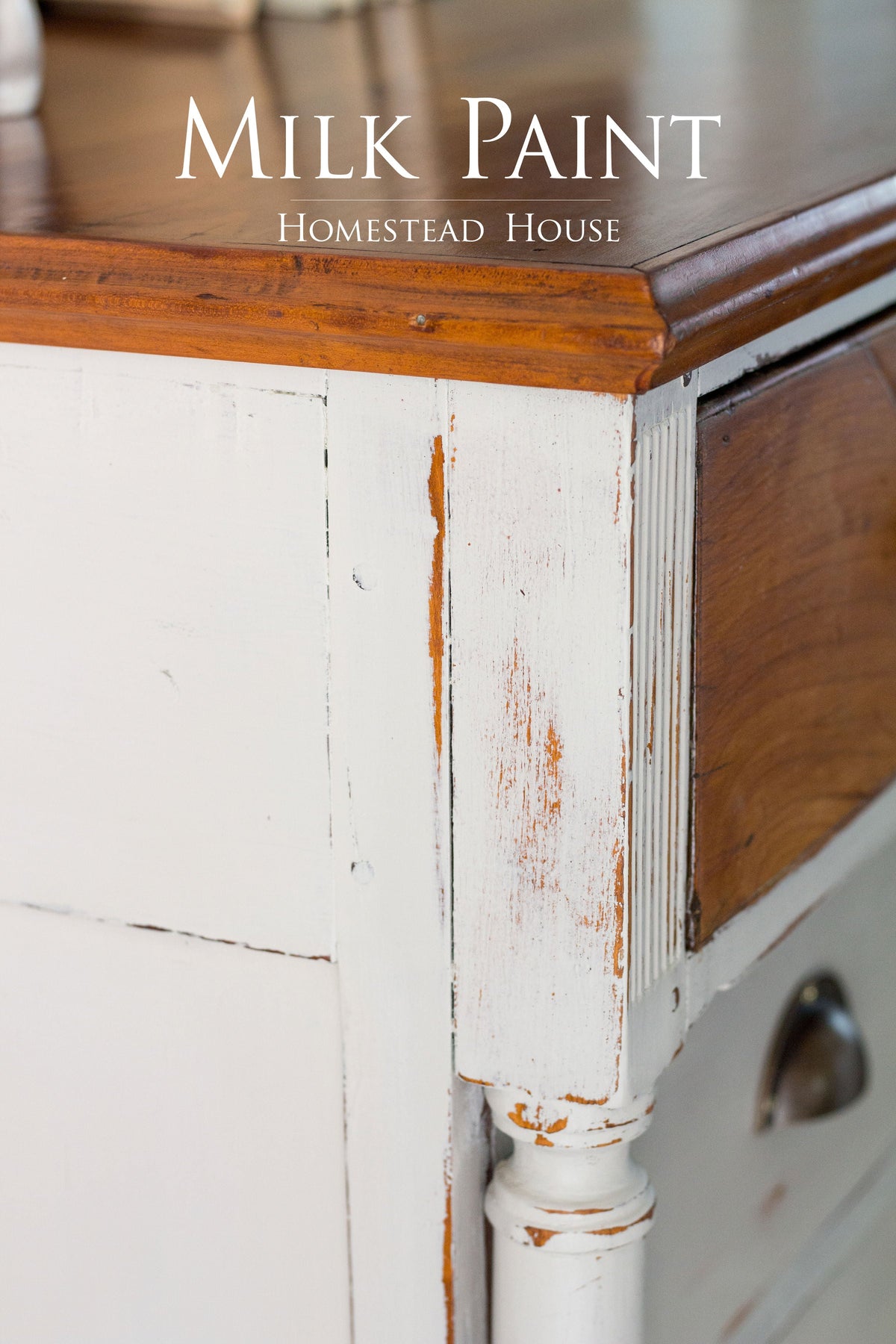 White dresser with wood top and Homestead House Cathedral Taupe Milk Paint overlay text.