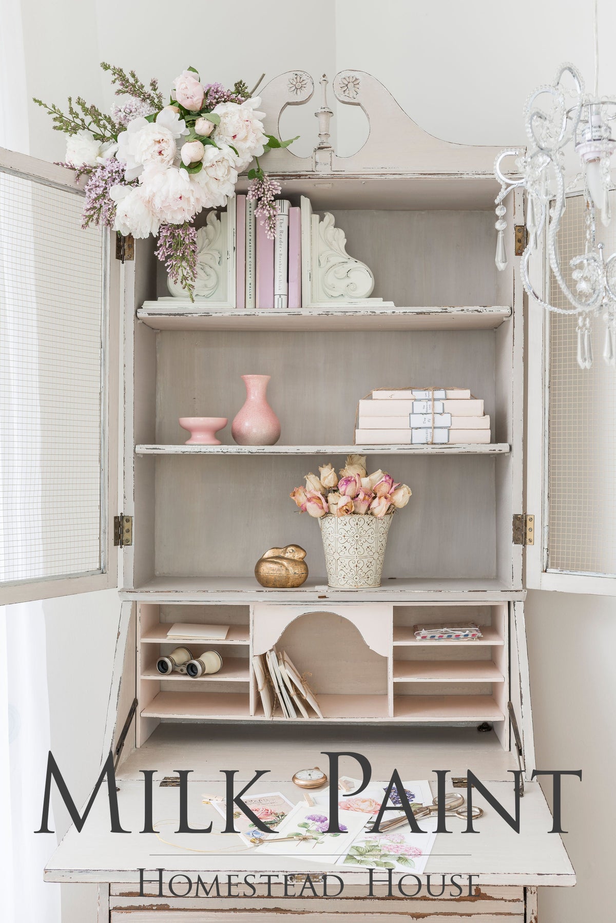 Vintage desk with shelves; overlaid text: Cathedral Taupe Milk Paint by Homestead House.