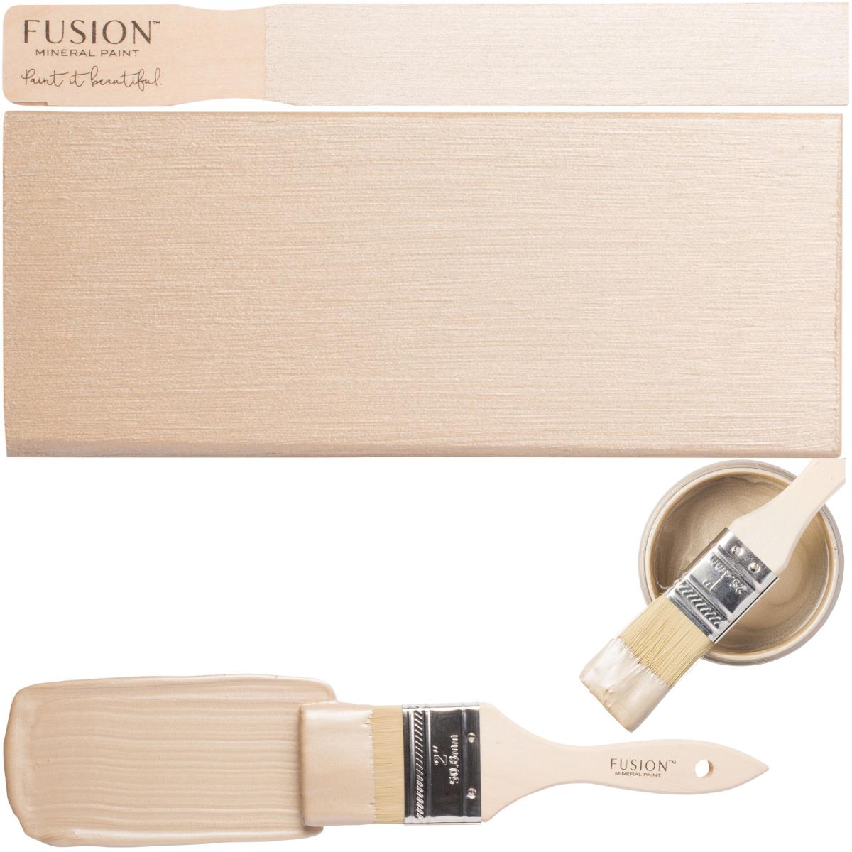 Fusion Mineral Paint Champagne Gold Metallic shown brushed on a board for a soft, shimmery beige finish.
