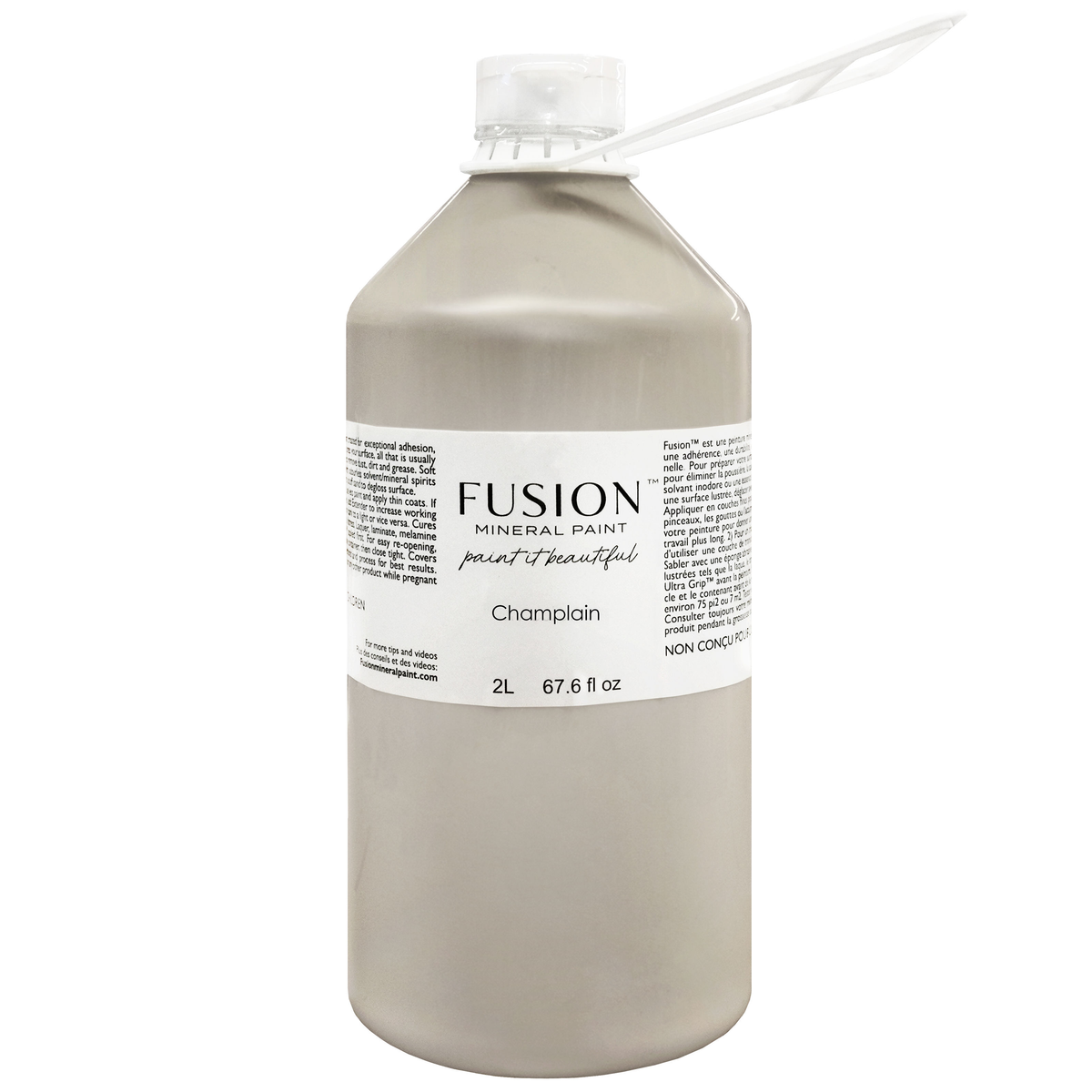 2L Fusion Mineral Paint Champlain, warm white, acrylic paint container with cap and handle.