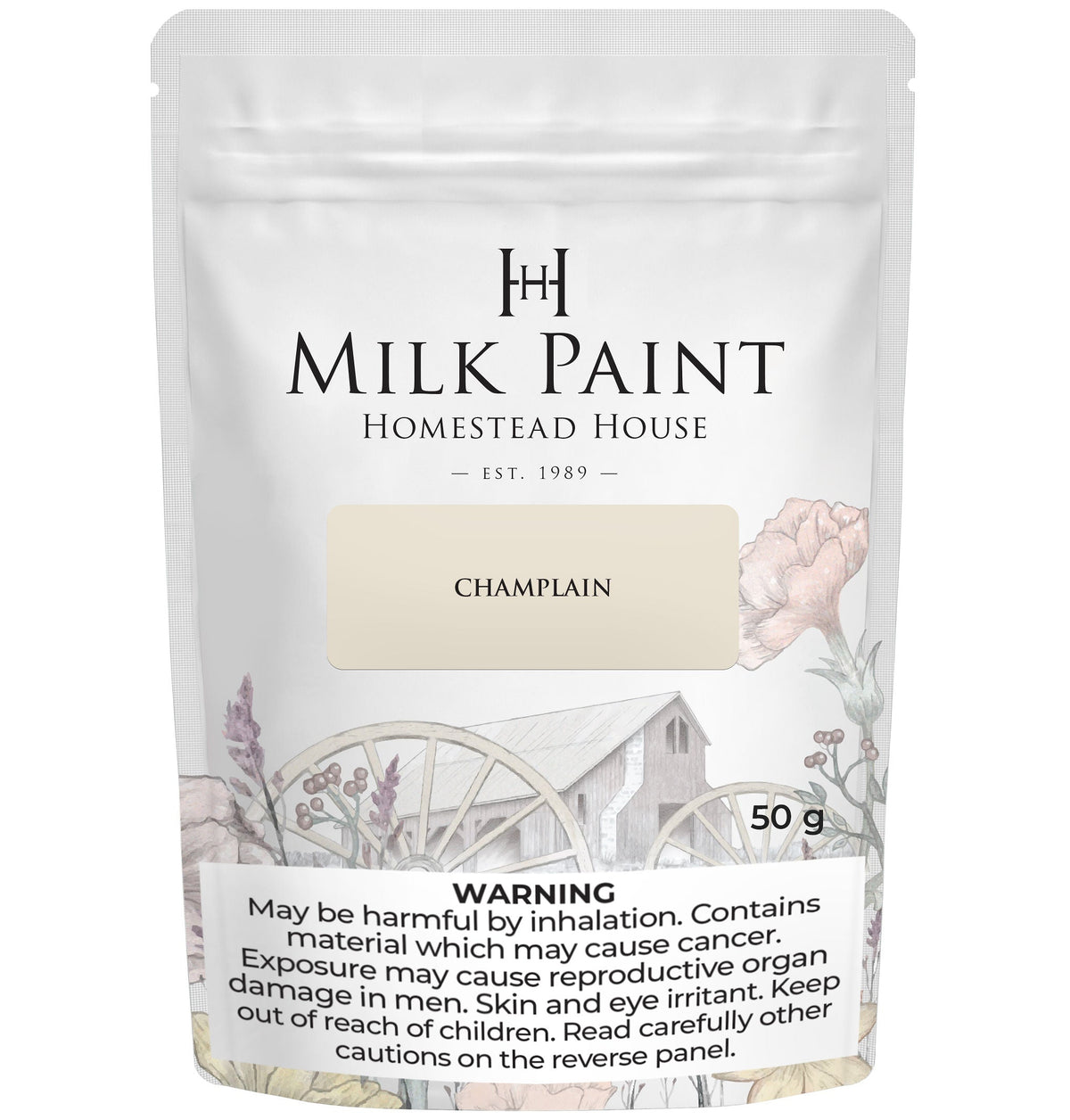 50g Champlain Milk Paint by Homestead House, floral packaging, health warning at bottom.
