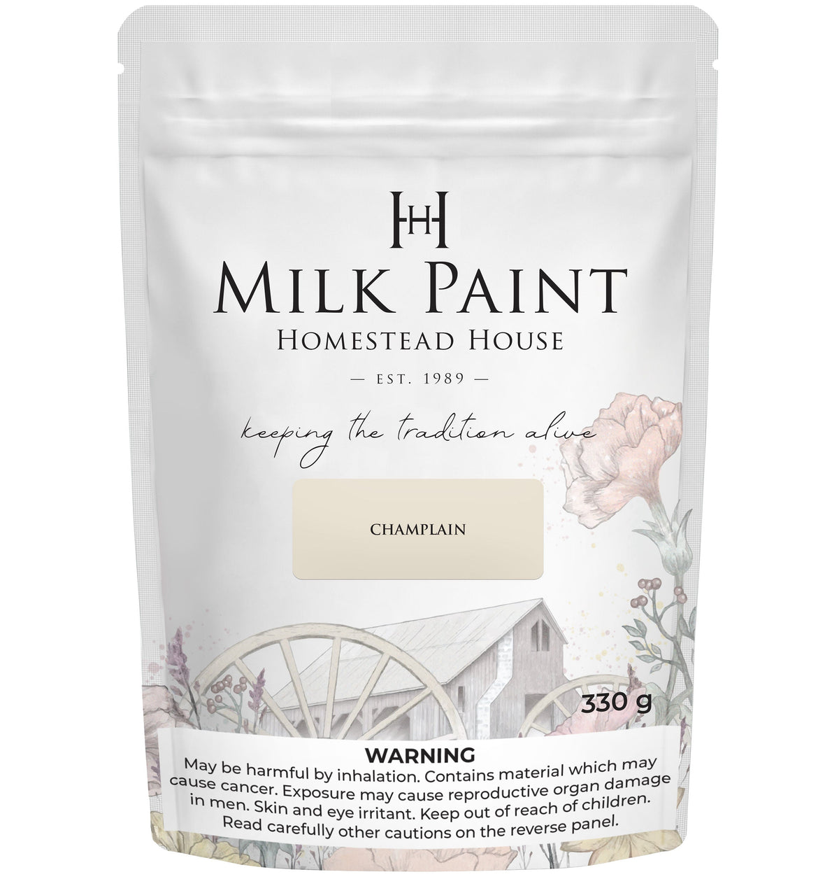 330g Champlain Milk Paint by Homestead House, bag with rustic wagon illustration and visible product warnings.