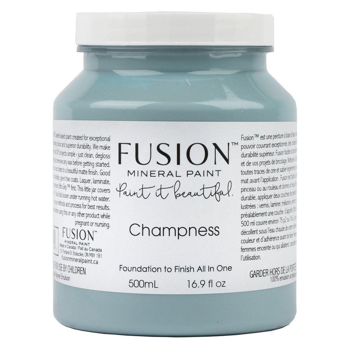 500mL Champness Fusion Mineral Paint, all-in-one acrylic with smooth matte finish.