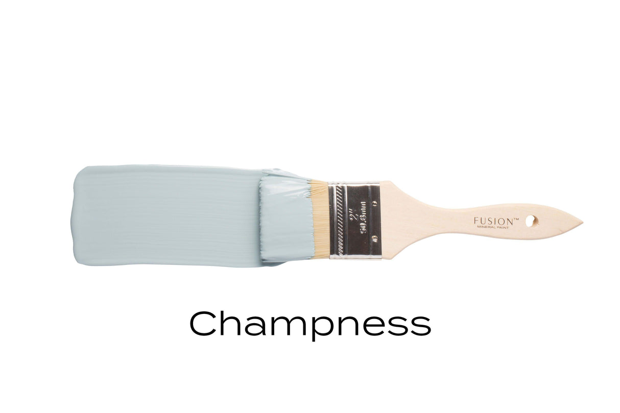 Paintbrush with light blue, matte Champness Fusion Mineral Paint by Fusion Mineral Paint on white background.