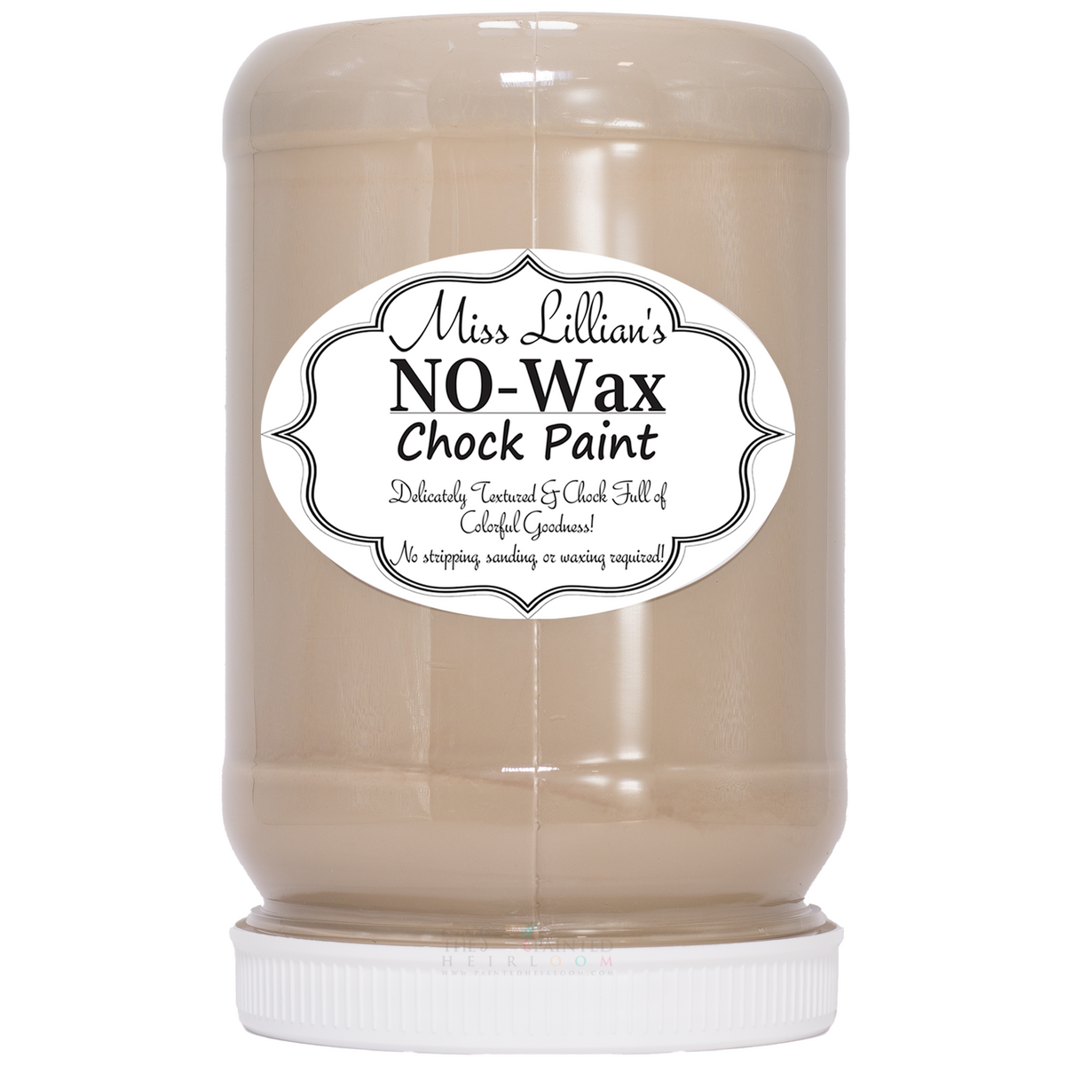 Clear jar of Miss Lillian’s Paint Chanel No-Wax Chock Paint with white label and black text.