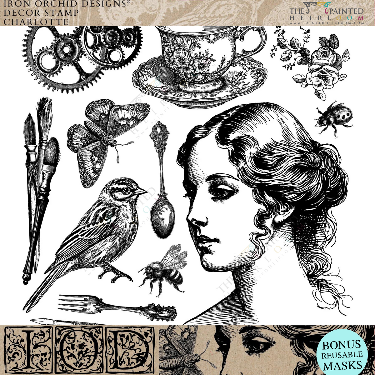 Collage of vintage motifs using I.O.D. Charlotte Stamp: profile, teacup, gears, butterfly designs.