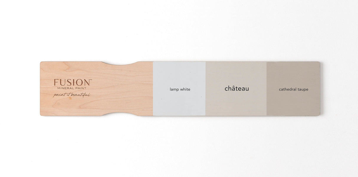 Paint sample board with Lamp White, Chateau Fusion Mineral Paint (warm neutral grey), and Cathedral Taupe swatches.