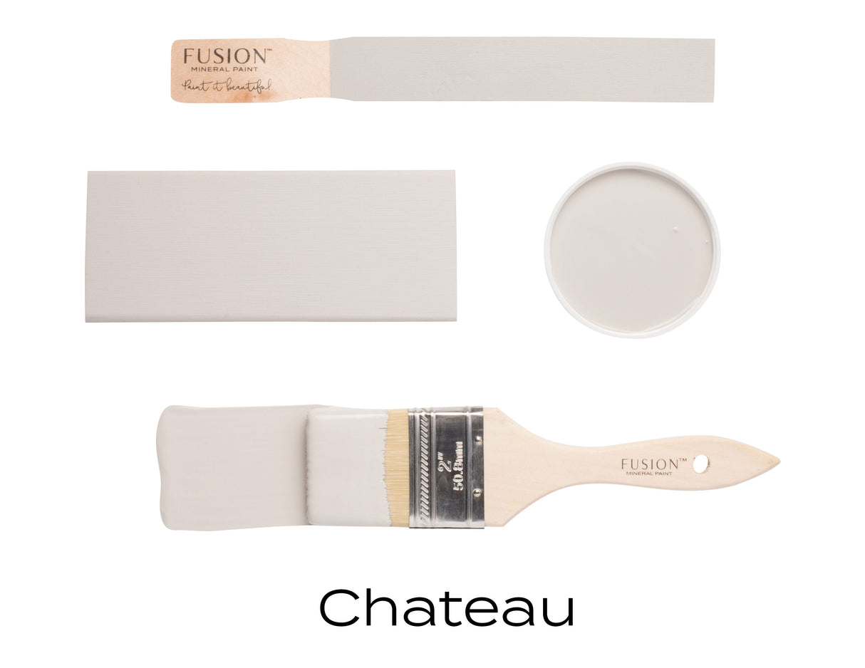 Chateau Fusion Mineral Paint, warm neutral grey, displayed on brush, stick, color card, and can lid.