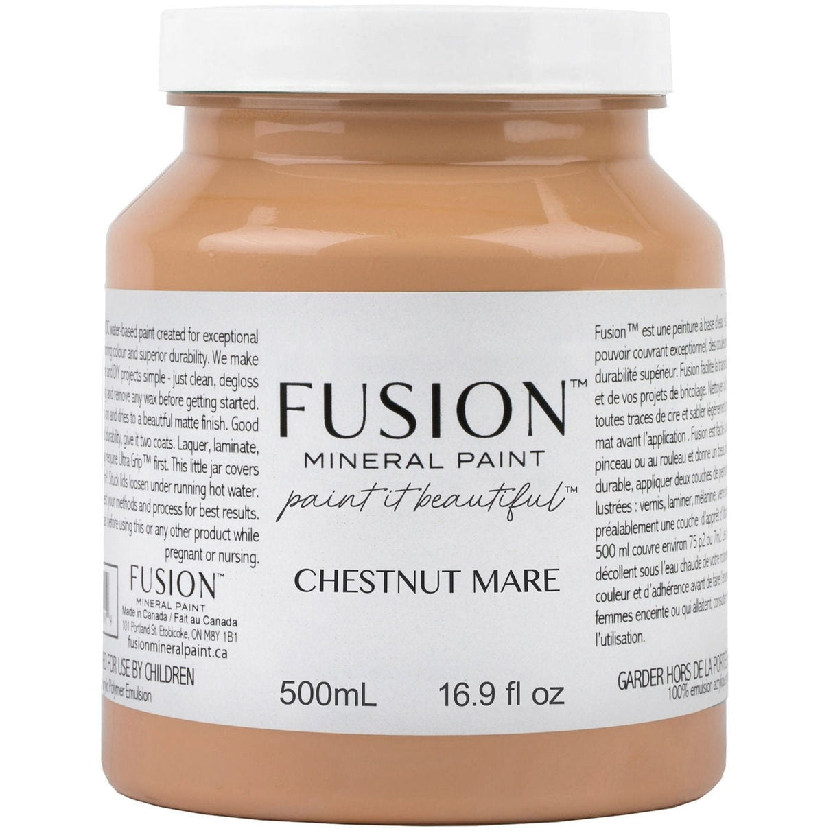 500mL jar of Chestnut Mare Fusion Mineral Paint with product info and instructions on the label.