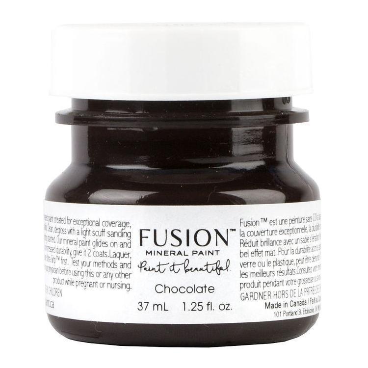 37 mL jar of Chocolate Fusion Mineral Paint with white lid and labeled front.