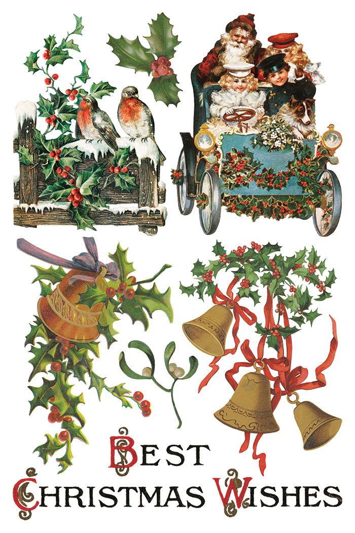 Vintage Christmas collage with birds, holly, children in car, and I.O.D. Christmas Joy Transfer (2025 Limited Release).