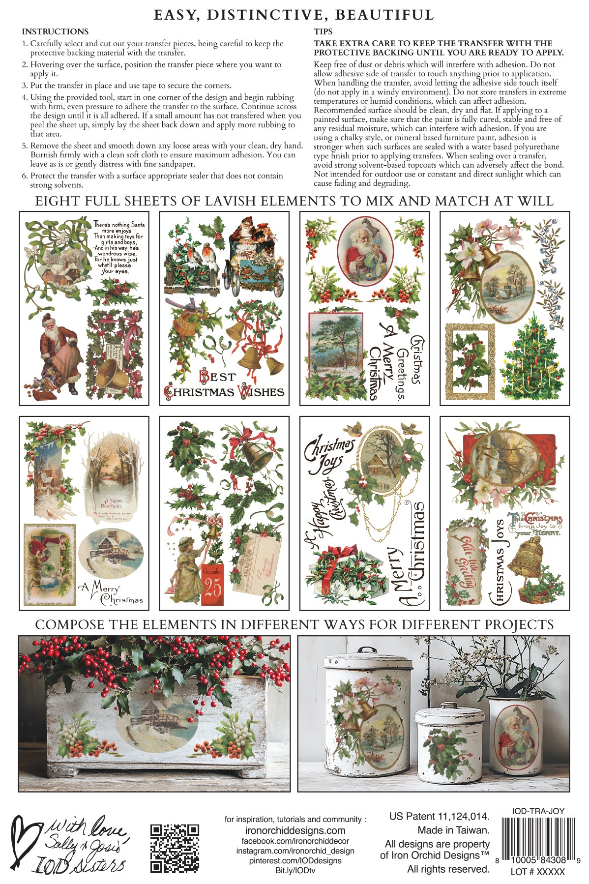 I.O.D. Christmas Joy Transfer (2025), set of 8 sheets, includes step-by-step instructions and photo guides.