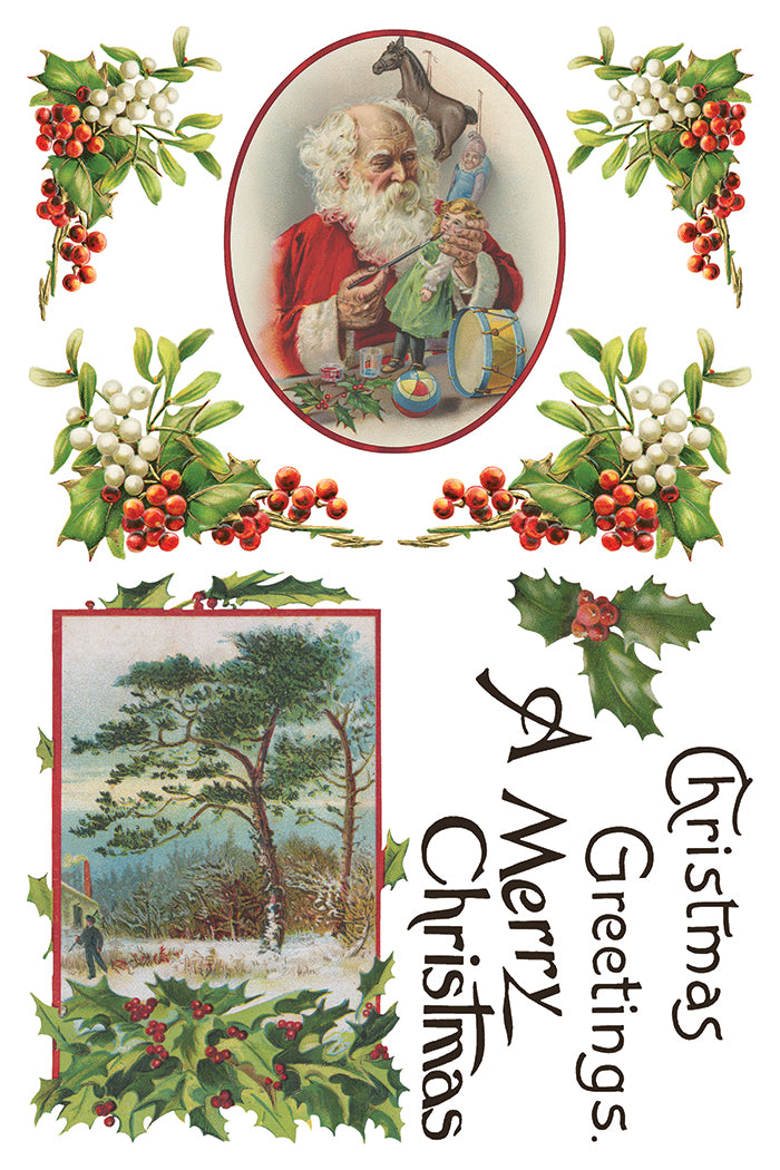 Vintage card featuring Santa, tree, holly, berries, and I.O.D. Christmas Joy Transfer (2025 Limited Release).