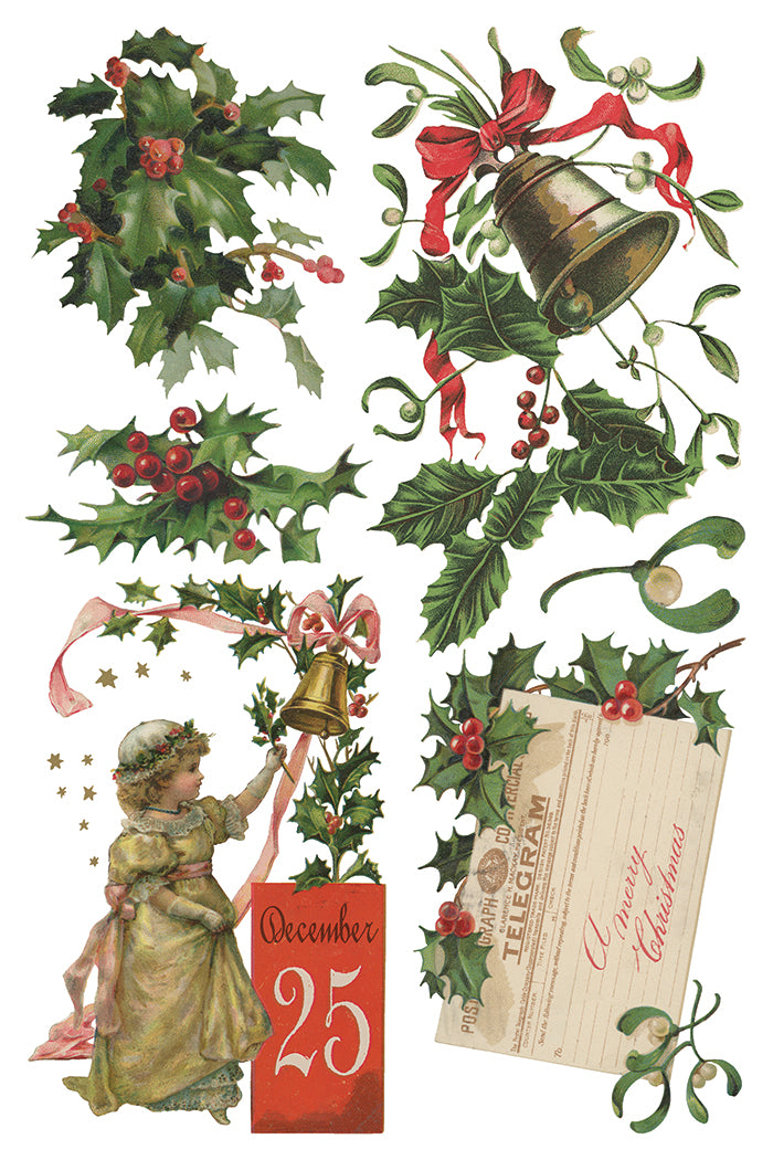I.O.D. Christmas Joy Transfer 2025 with vintage holly, bells, and girl accents.