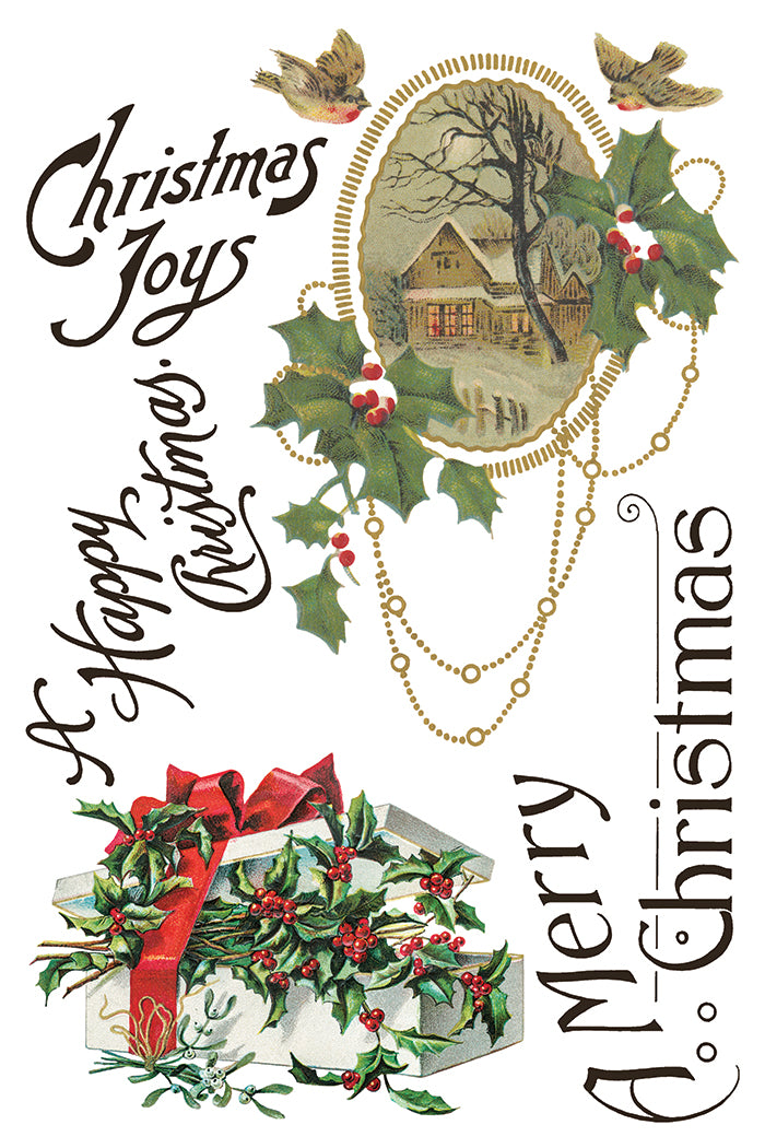 I.O.D. Christmas Joy Transfer 2025 Limited Release featuring vintage card design with holly and birds.