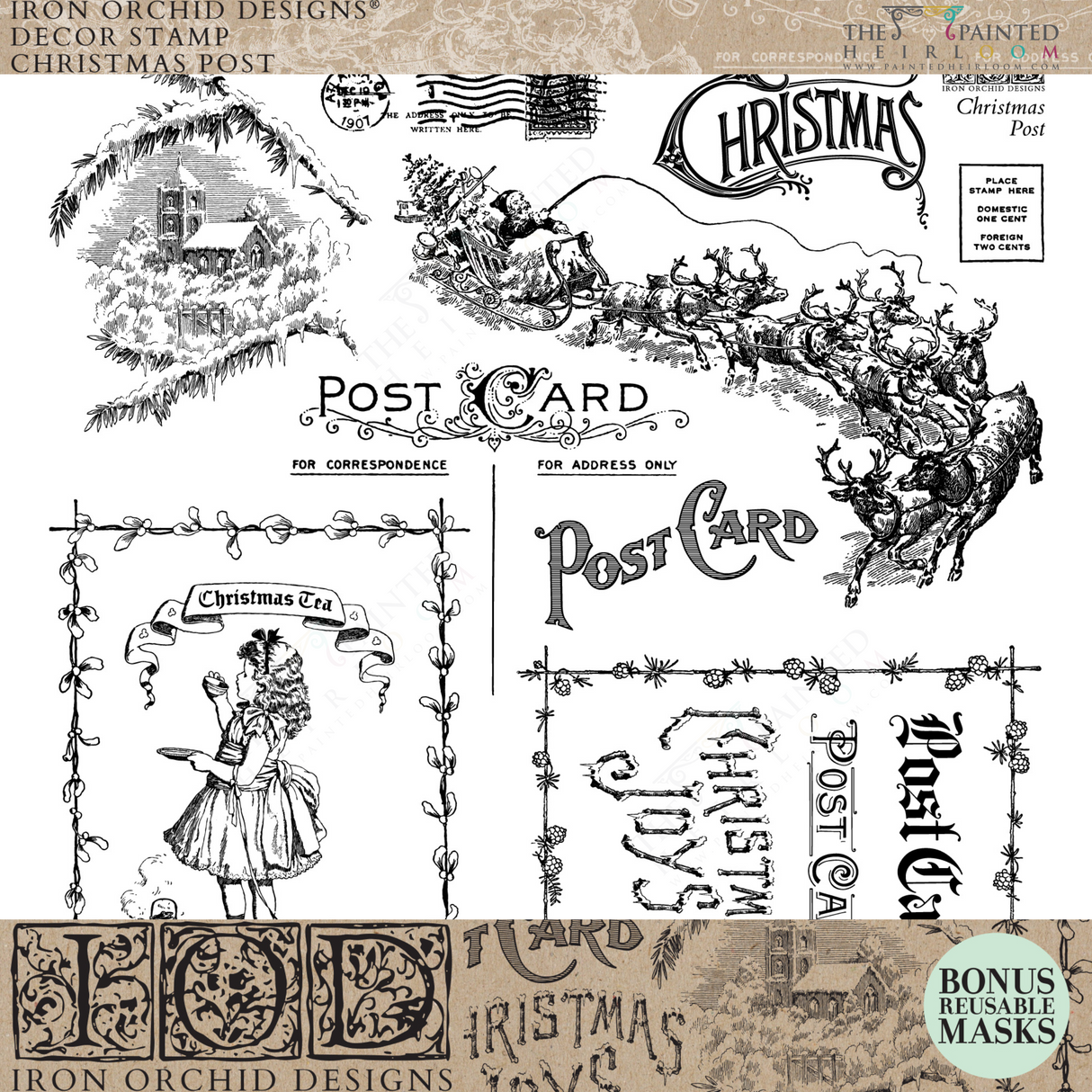 Black & white Christmas Post Stamp (2025 Limited Release) by IOD with vintage postcard art, horses, woman, old text.