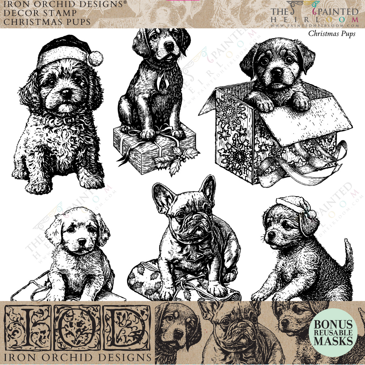 Six vintage puppy gift labels from the 2023 I.O.D. Christmas Pups Stamp by Iron Orchid Designs.