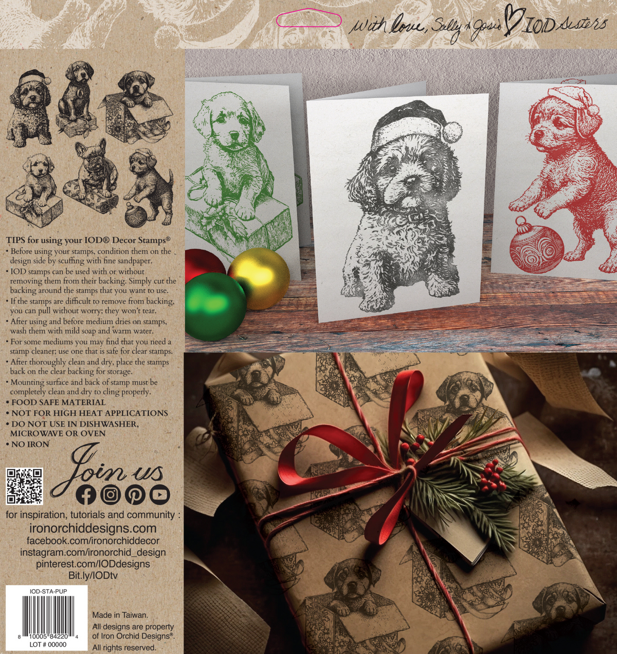 For dry surfaces; seal if desired. Coordinates with I.O.D. Christmas Pups Stamp (2023 Limited Release).