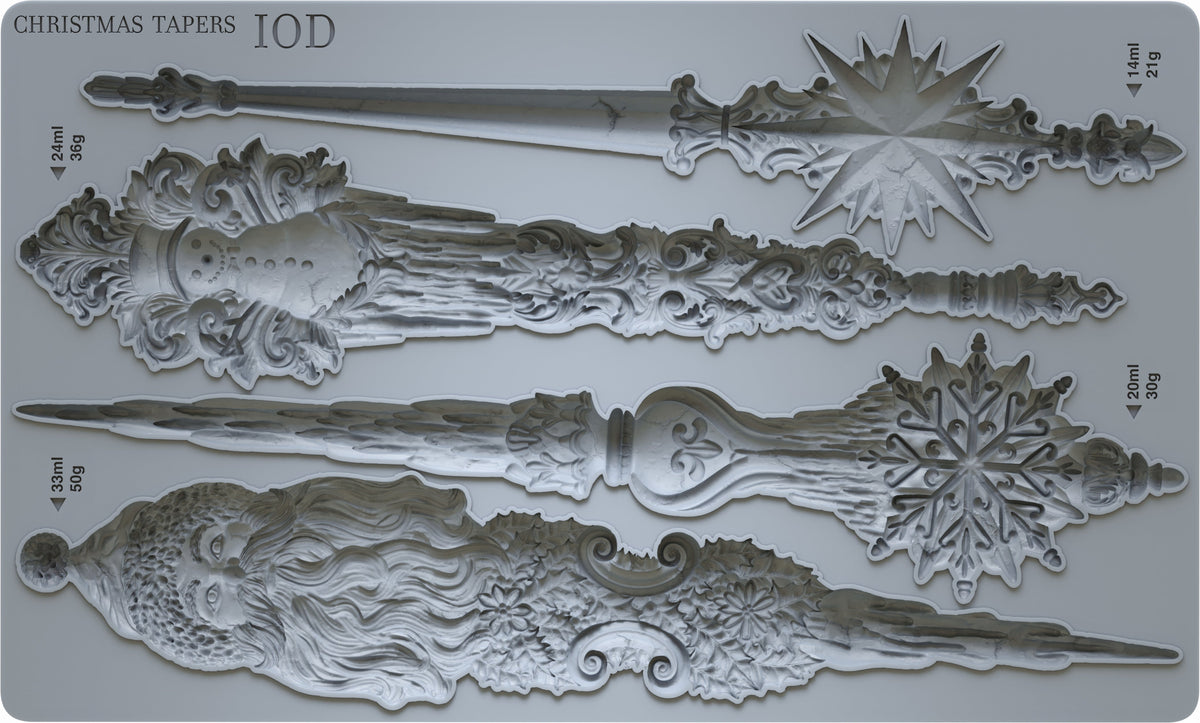 I.O.D. Nordic-style tapers moulds set, shapes: star, snowman, snowflake, and Santa. 2024 Limited Release.