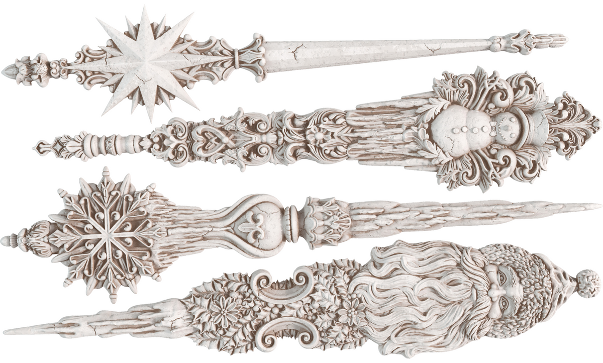 Set of four wood wands with I.O.D. Christmas Tapers Mould (2024 Limited Release) and Nordic holiday patterns.