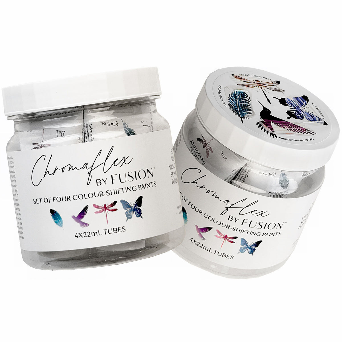 Two ChromaFlex by Fusion Mineral Paint jars, each with four 22mL color-shifting paint tubes featuring butterfly graphics.