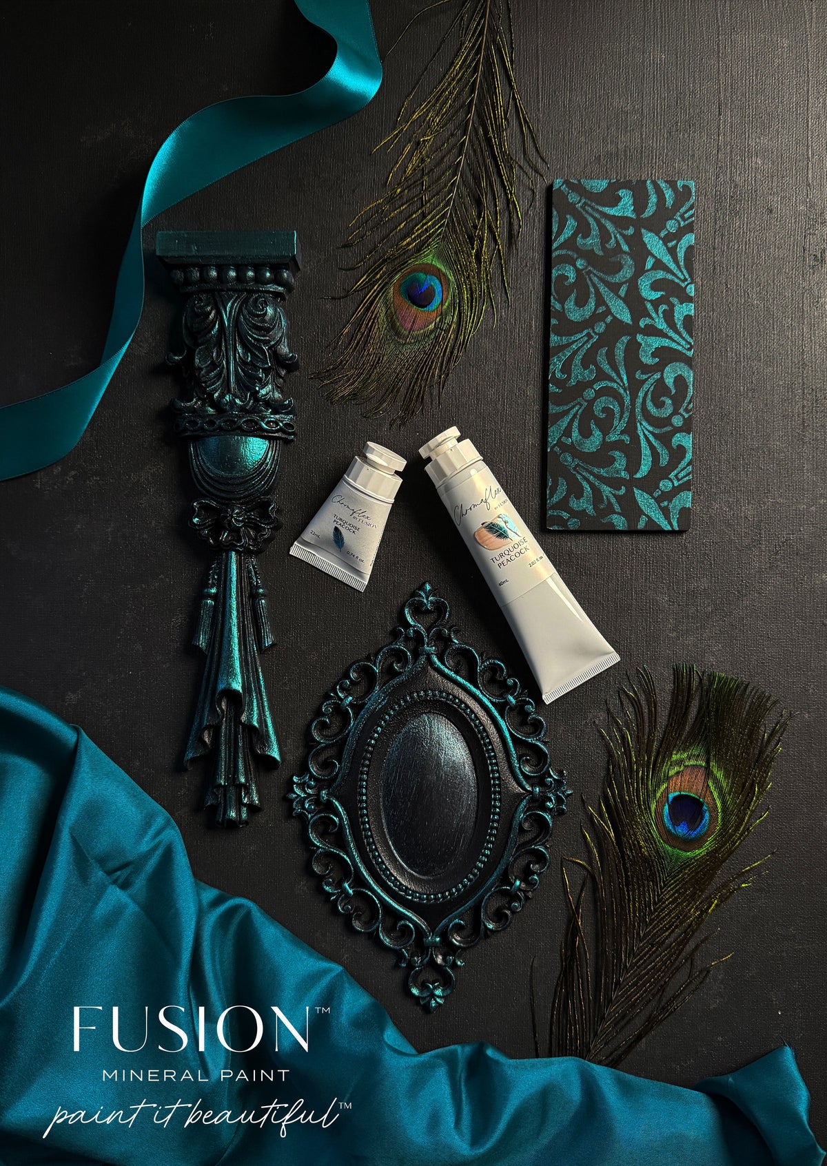 ChromaFlex by Fusion Mineral Paint with teal accents, iridescent paints, fabric, peacock feathers, and ribbon.