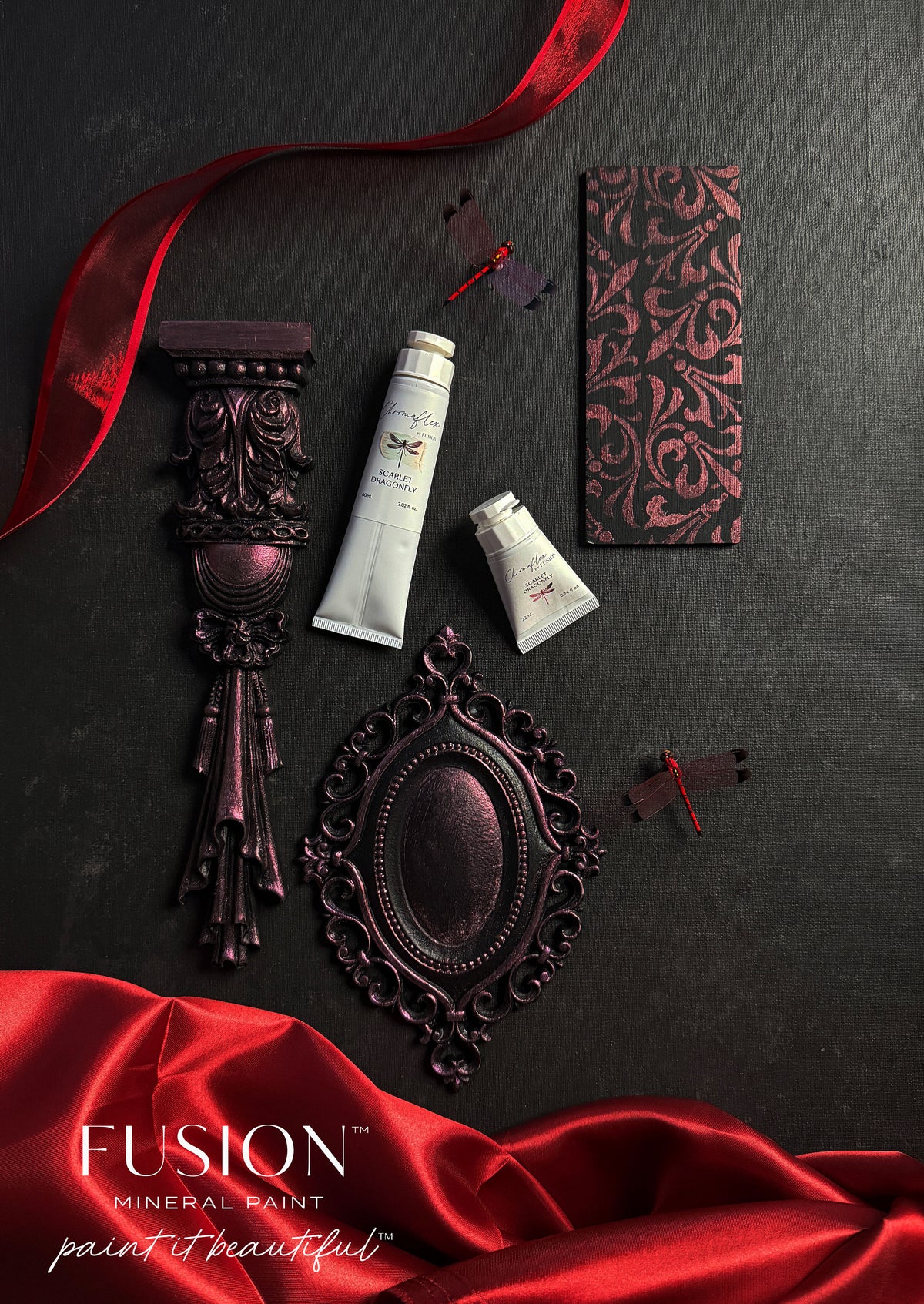 ChromaFlex by Fusion Mineral Paint with ornate frame, dragonfly decor, ribbon, and card on dark surface.