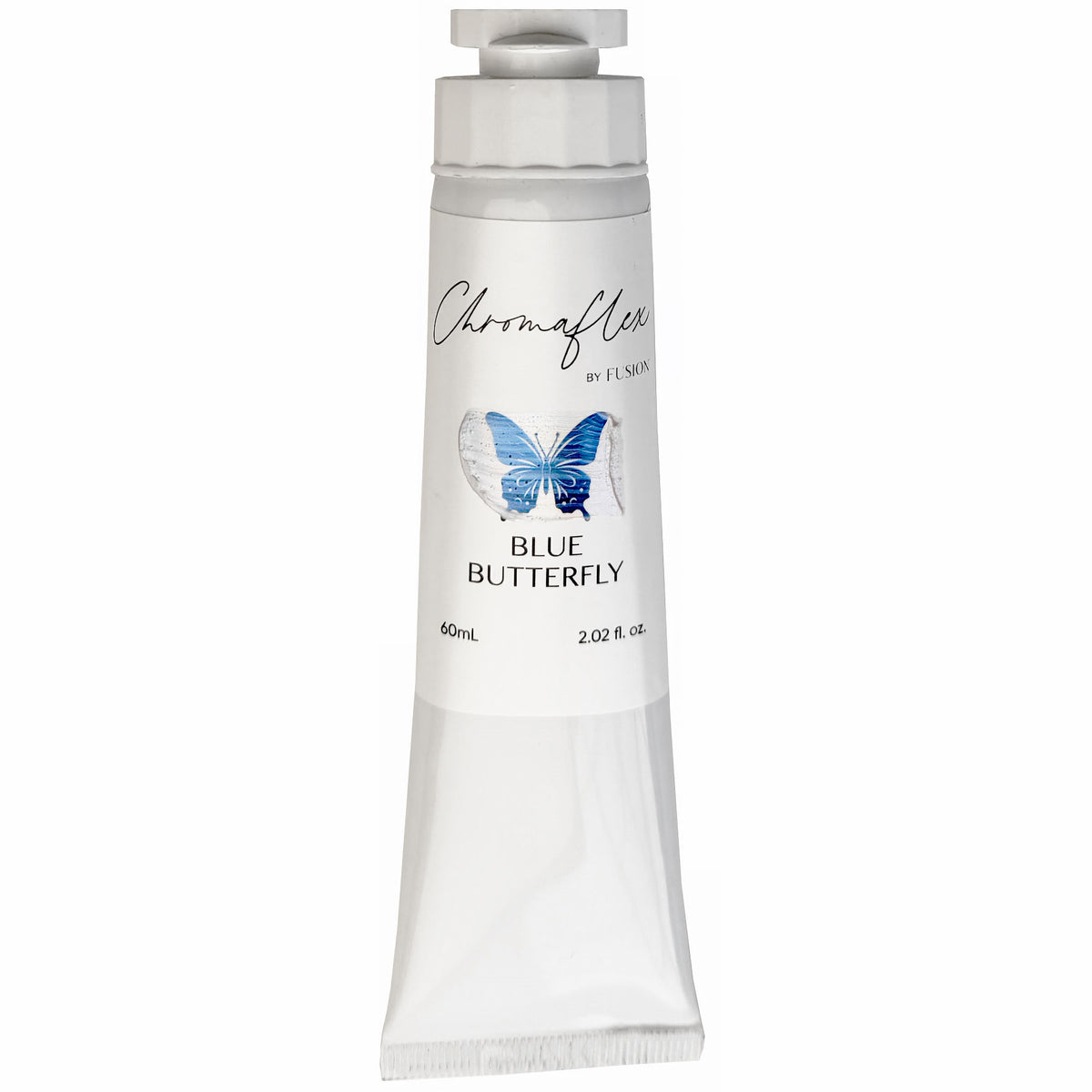 White 60mL ChromaFlex tube by Fusion Mineral Paint with blue butterfly graphic and color-shifting finish on front.